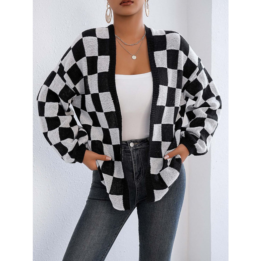 Checkered Open Front Long Sleeve Cardigan Apparel and Accessories