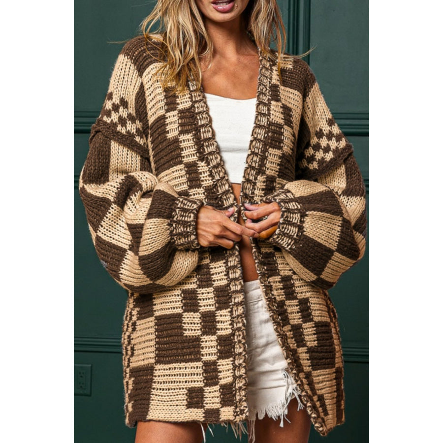 Checkered Open Front Long Sleeve Cardigan Apparel and Accessories