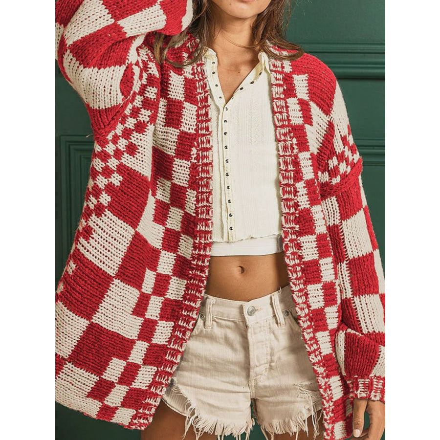 Checkered Open Front Long Sleeve Cardigan Apparel and Accessories