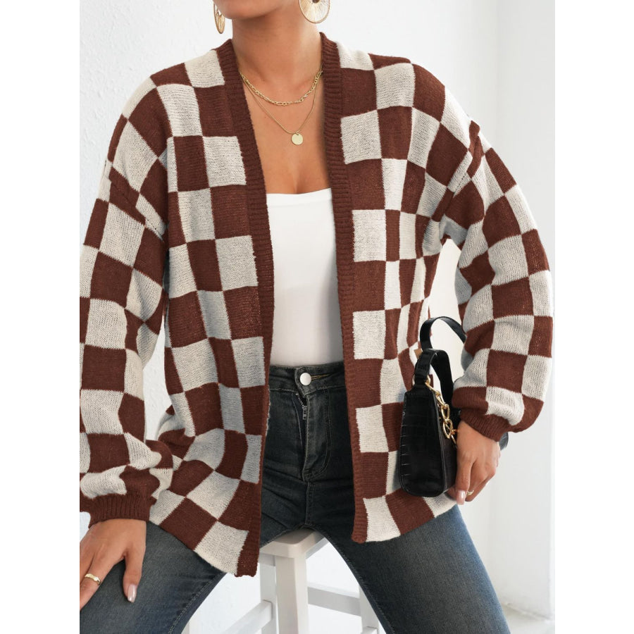 Checkered Open Front Long Sleeve Cardigan Apparel and Accessories