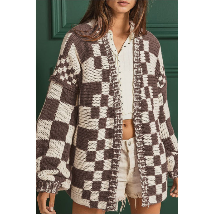 Checkered Open Front Long Sleeve Cardigan Beige / S Apparel and Accessories