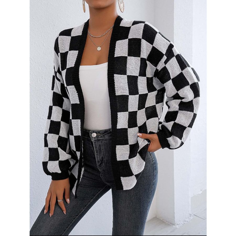 Checkered Open Front Long Sleeve Cardigan Black/White / S Apparel and Accessories