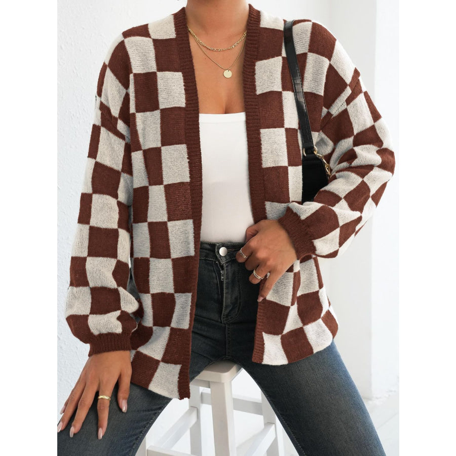 Checkered Open Front Long Sleeve Cardigan Brown/White / S Apparel and Accessories