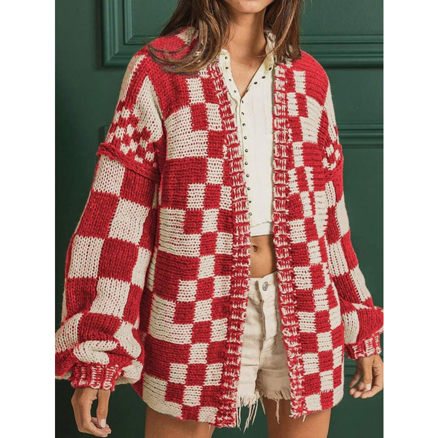 Checkered Open Front Long Sleeve Cardigan Deep Red / S Apparel and Accessories