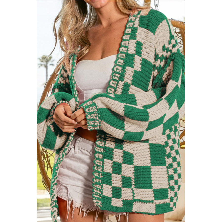 Checkered Open Front Long Sleeve Cardigan Green / S Apparel and Accessories