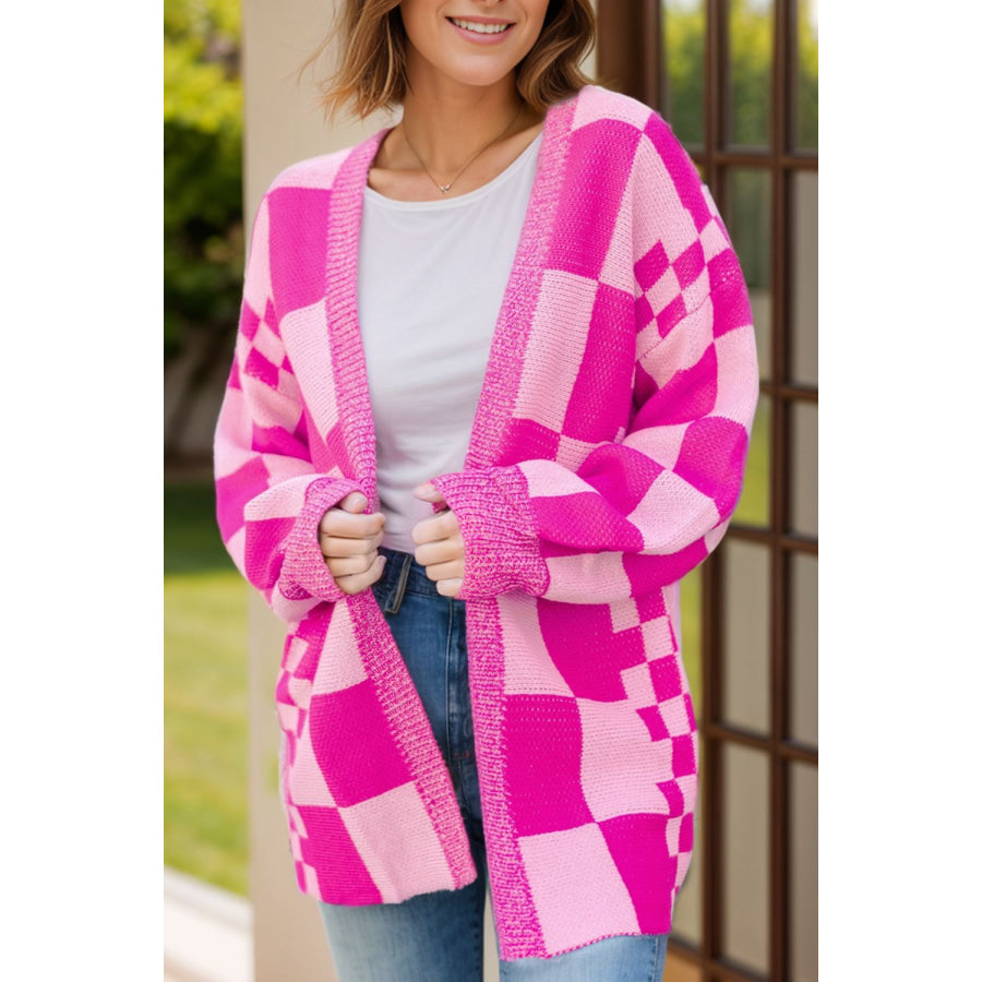 Checkered Open Front Long Sleeve Cardigan Hot Pink / S Apparel and Accessories