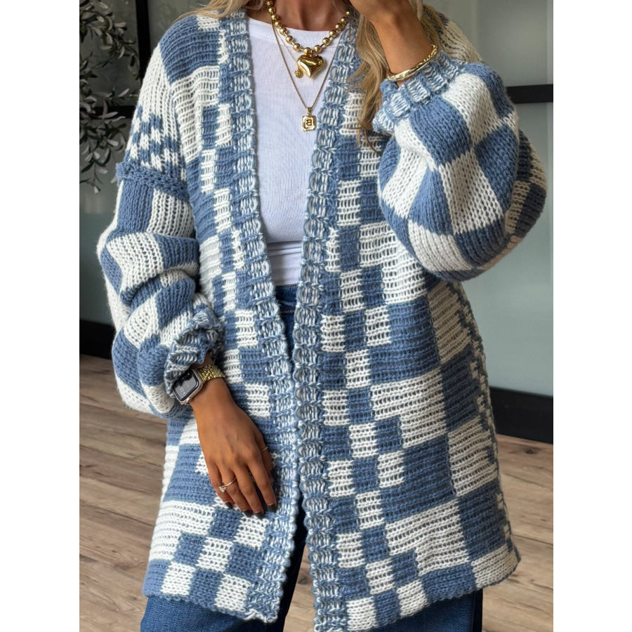 Checkered Open Front Long Sleeve Cardigan Mocha / S Apparel and Accessories