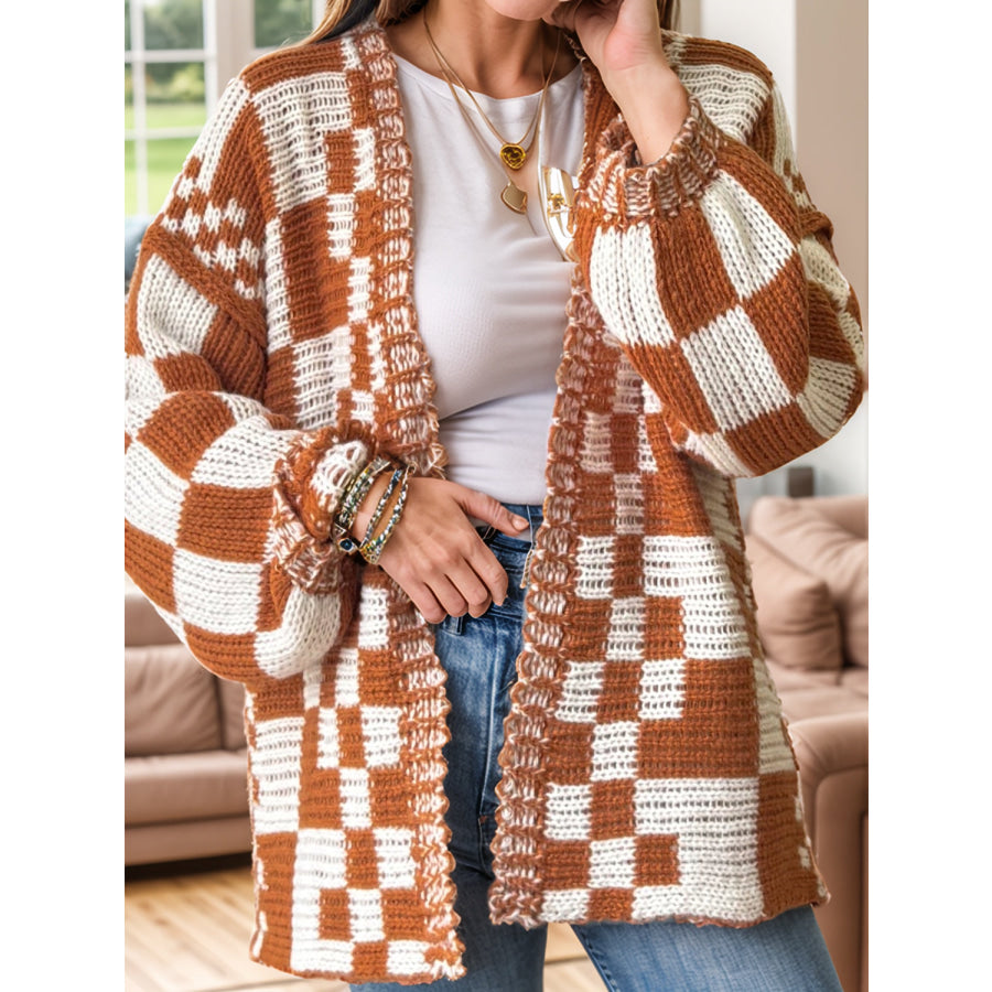 Checkered Open Front Long Sleeve Cardigan Ochre / S Apparel and Accessories