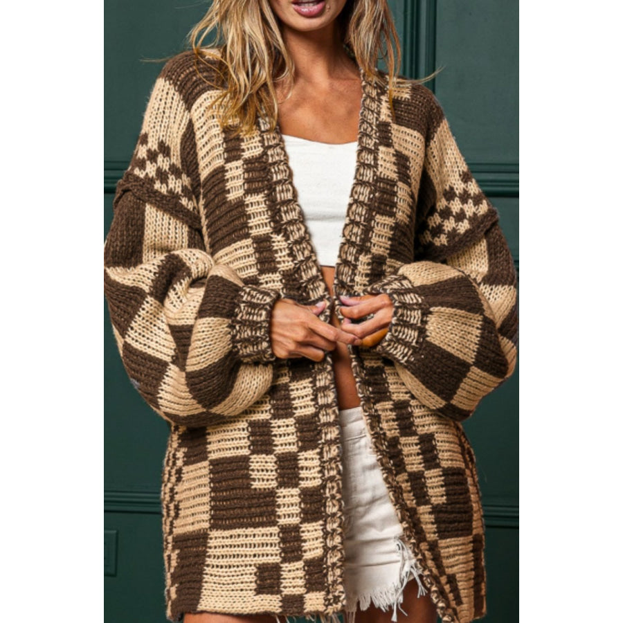 Checkered Open Front Long Sleeve Cardigan Tan / S Apparel and Accessories