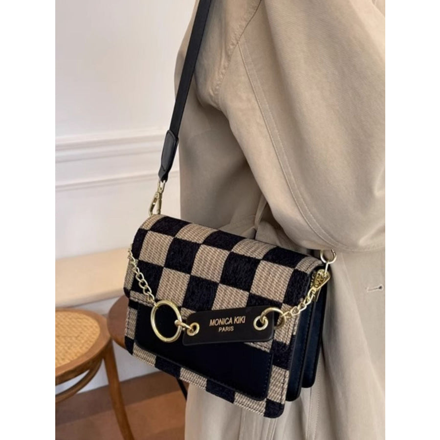 Checkered Pattern Flap Crossbody Bag Black / One Size Apparel and Accessories