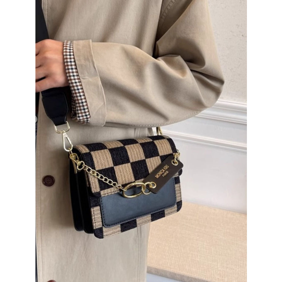 Checkered Pattern Flap Crossbody Bag Black / One Size Apparel and Accessories