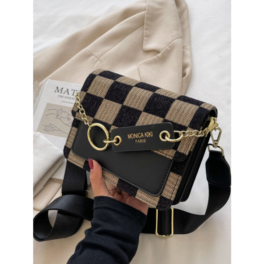 Checkered Pattern Flap Crossbody Bag Black / One Size Apparel and Accessories