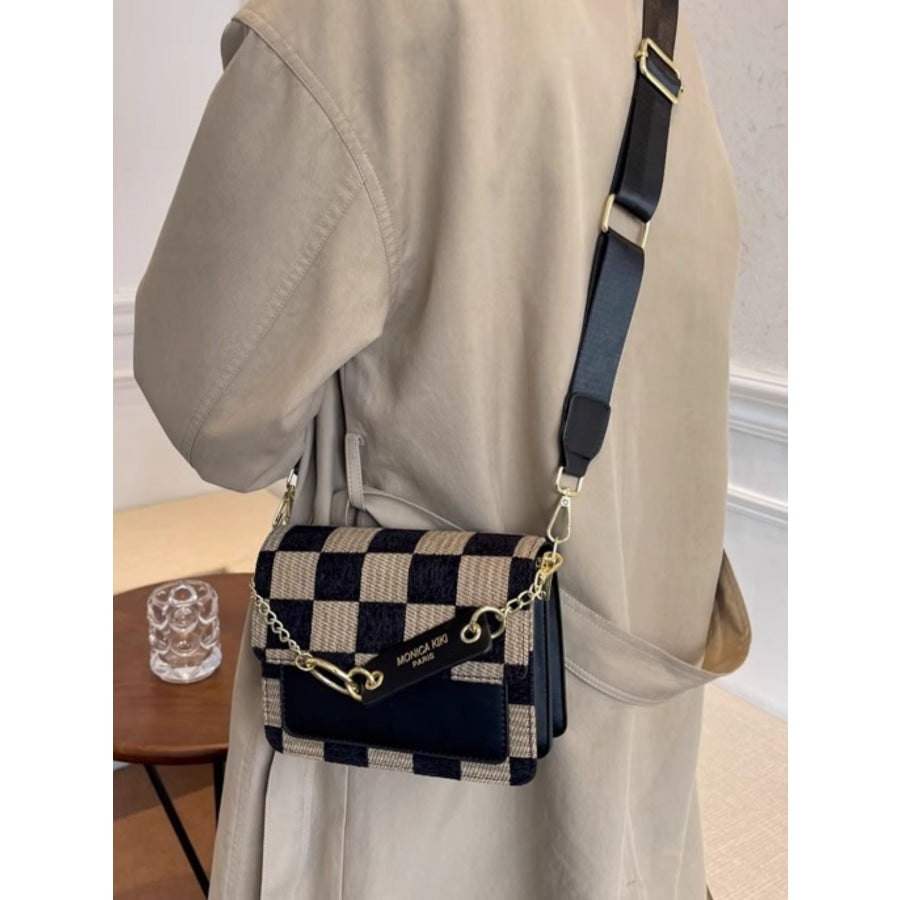 Checkered Pattern Flap Crossbody Bag Black / One Size Apparel and Accessories