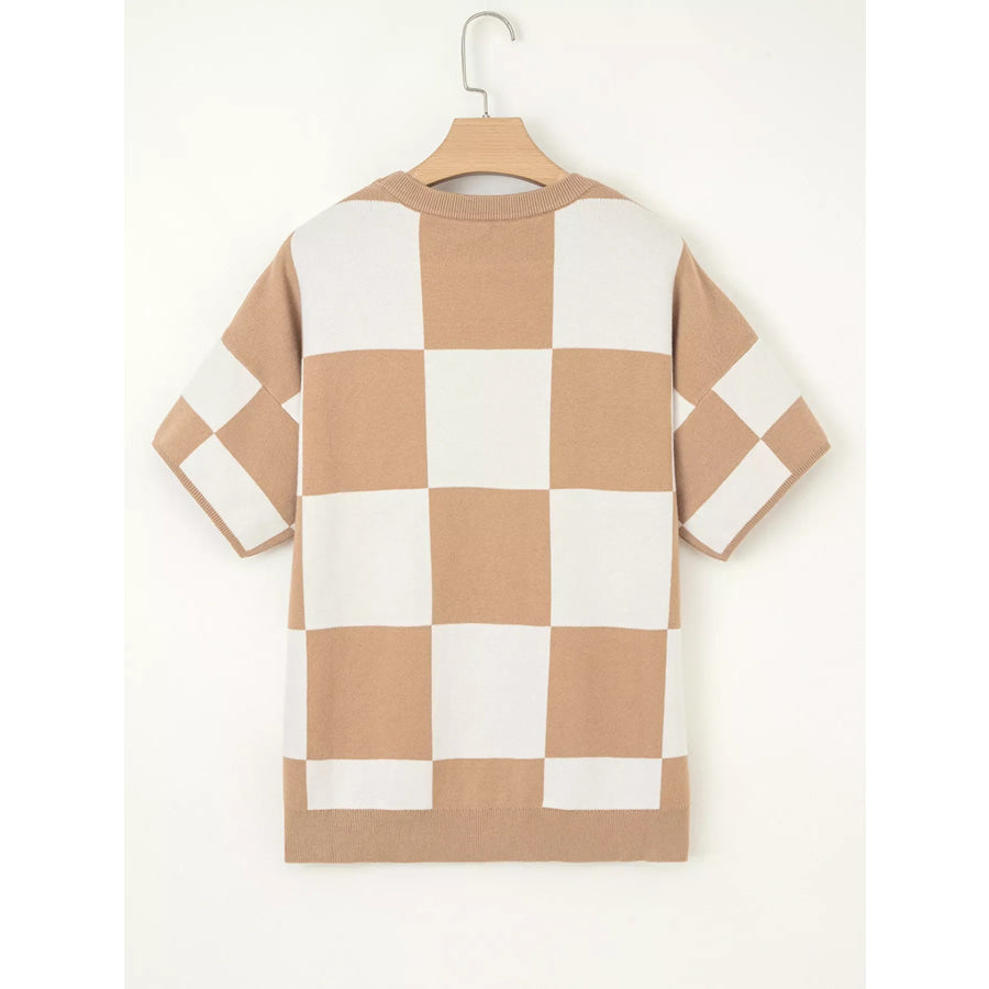 Checkered Pattern Loose Drop Shoulder Half Sleeve Sweater Apparel and Accessories