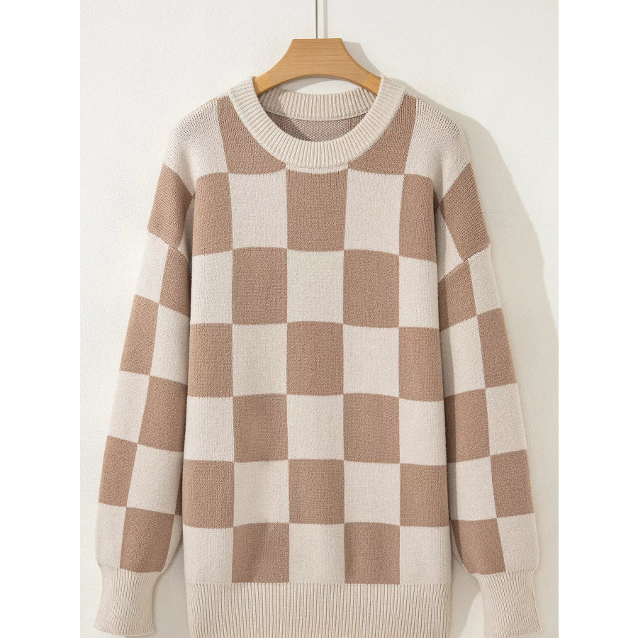 Checkered Pattern Ribbed Trim Knit Baggy Sweater Apparel and Accessories