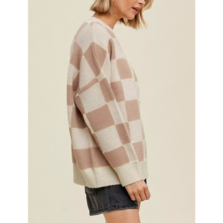 Checkered Pattern Ribbed Trim Knit Baggy Sweater Apparel and Accessories