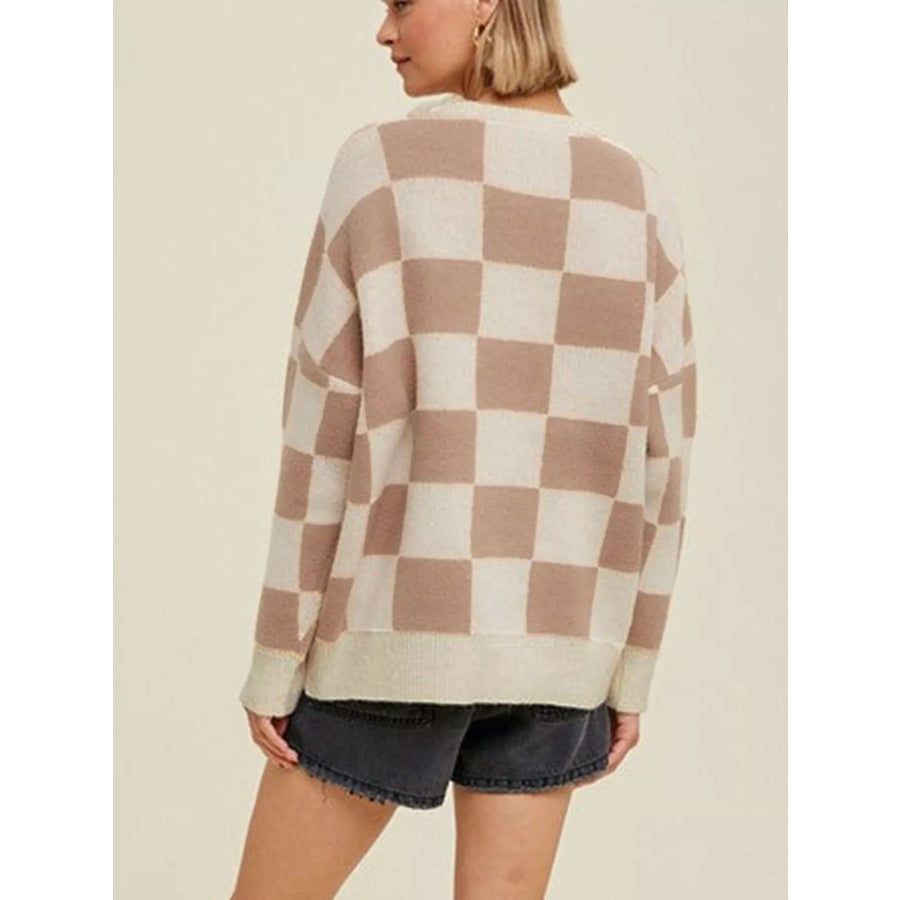 Checkered Pattern Ribbed Trim Knit Baggy Sweater Apparel and Accessories