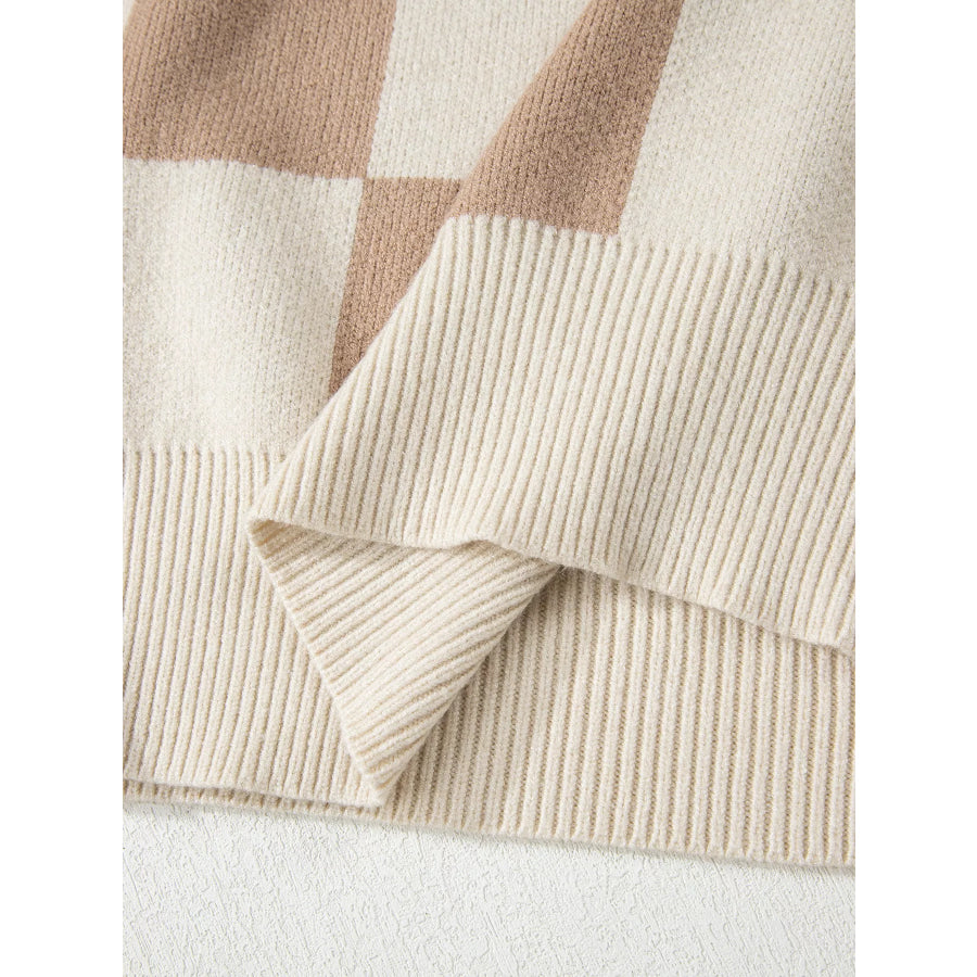 Checkered Pattern Ribbed Trim Knit Baggy Sweater Apparel and Accessories
