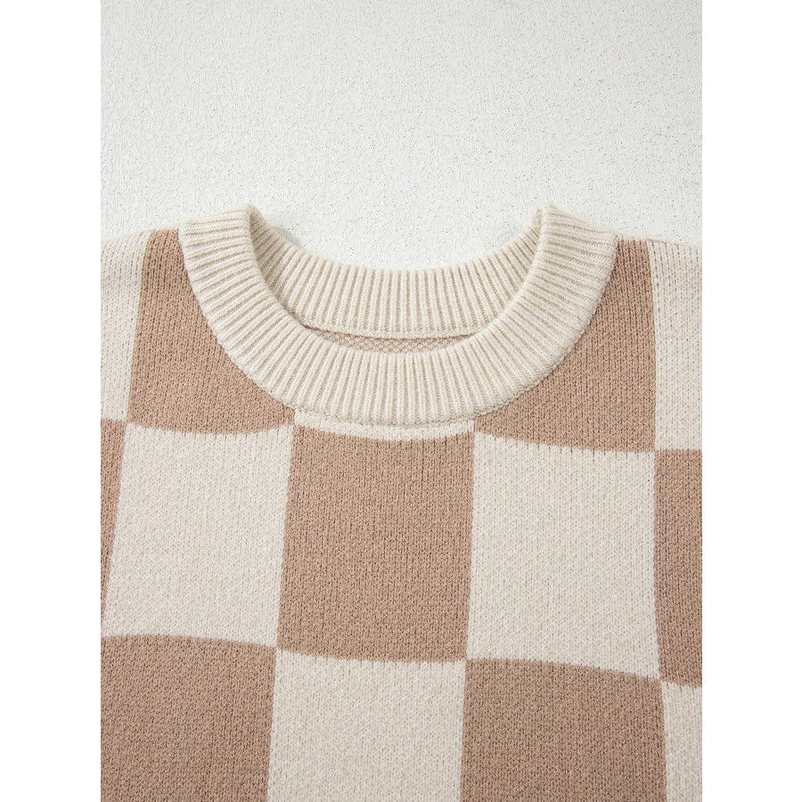 Checkered Pattern Ribbed Trim Knit Baggy Sweater Apparel and Accessories