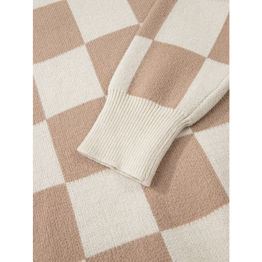 Checkered Pattern Ribbed Trim Knit Baggy Sweater Apparel and Accessories