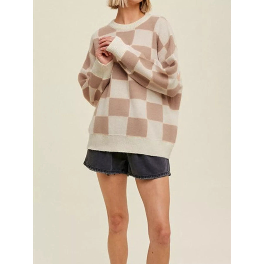 Checkered Pattern Ribbed Trim Knit Baggy Sweater Apparel and Accessories