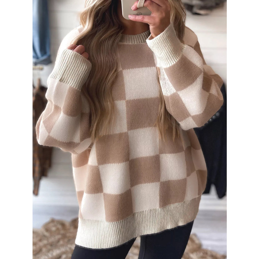 Checkered Pattern Ribbed Trim Knit Baggy Sweater Apparel and Accessories