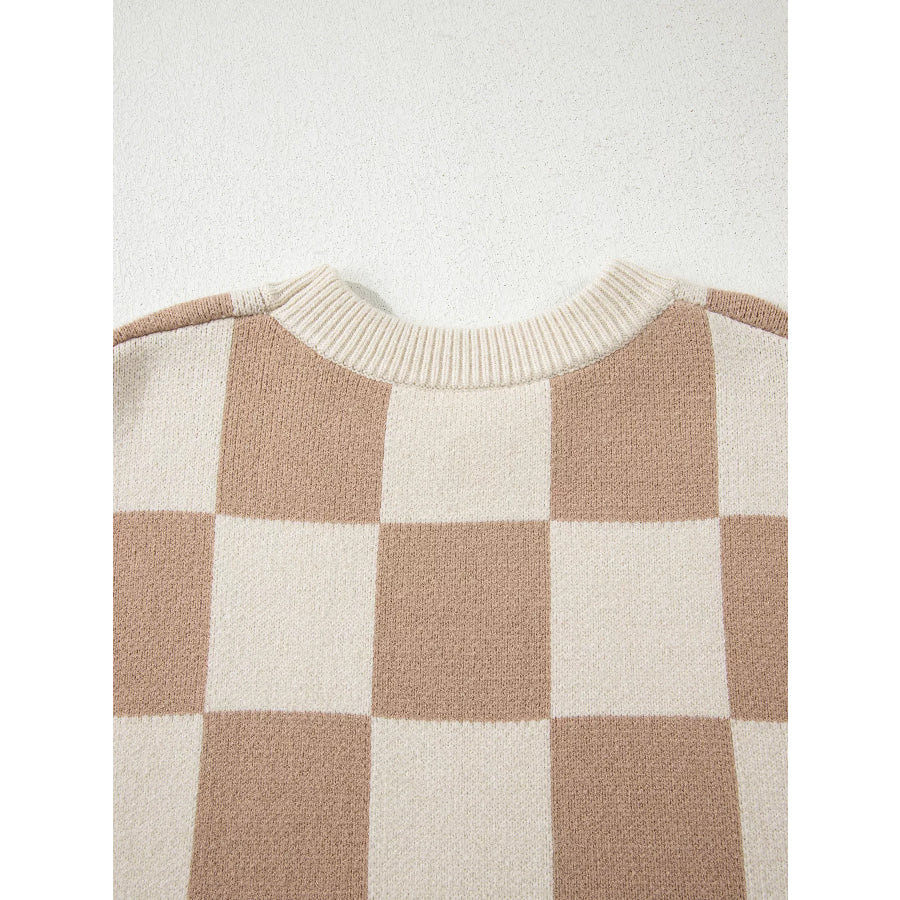 Checkered Pattern Ribbed Trim Knit Baggy Sweater Apparel and Accessories