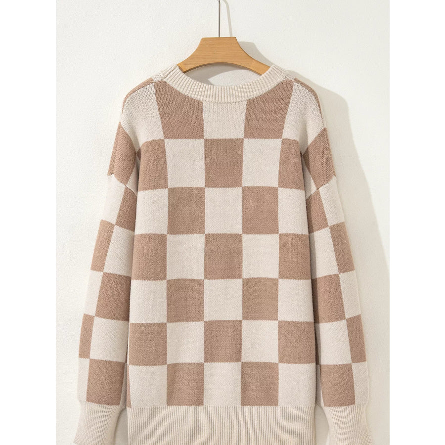 Checkered Pattern Ribbed Trim Knit Baggy Sweater Apparel and Accessories