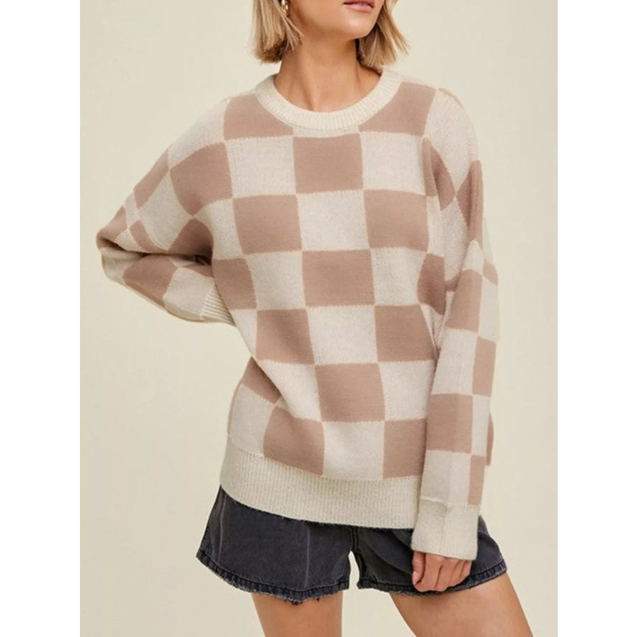 Checkered Pattern Ribbed Trim Knit Baggy Sweater Camel / S Apparel and Accessories