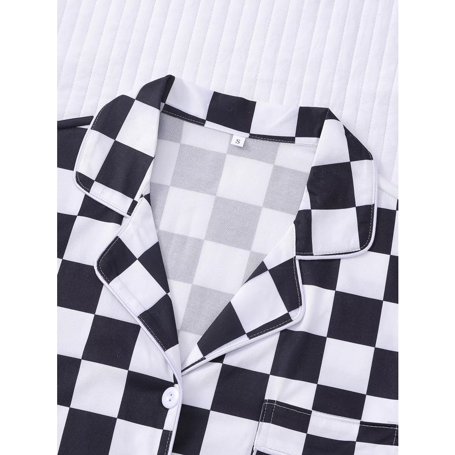 Checkered Print Button Up Top and Shorts Lounge Set Apparel and Accessories