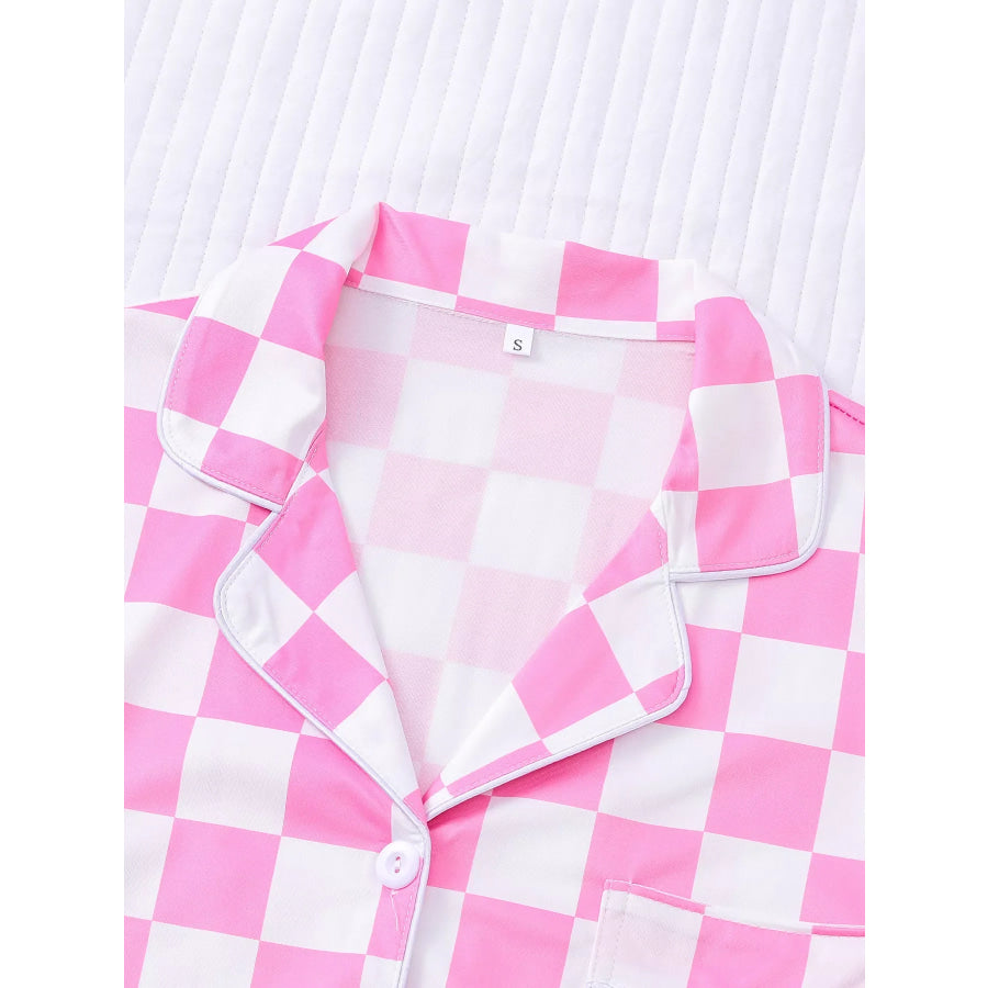 Checkered Print Button Up Top and Shorts Lounge Set Apparel and Accessories