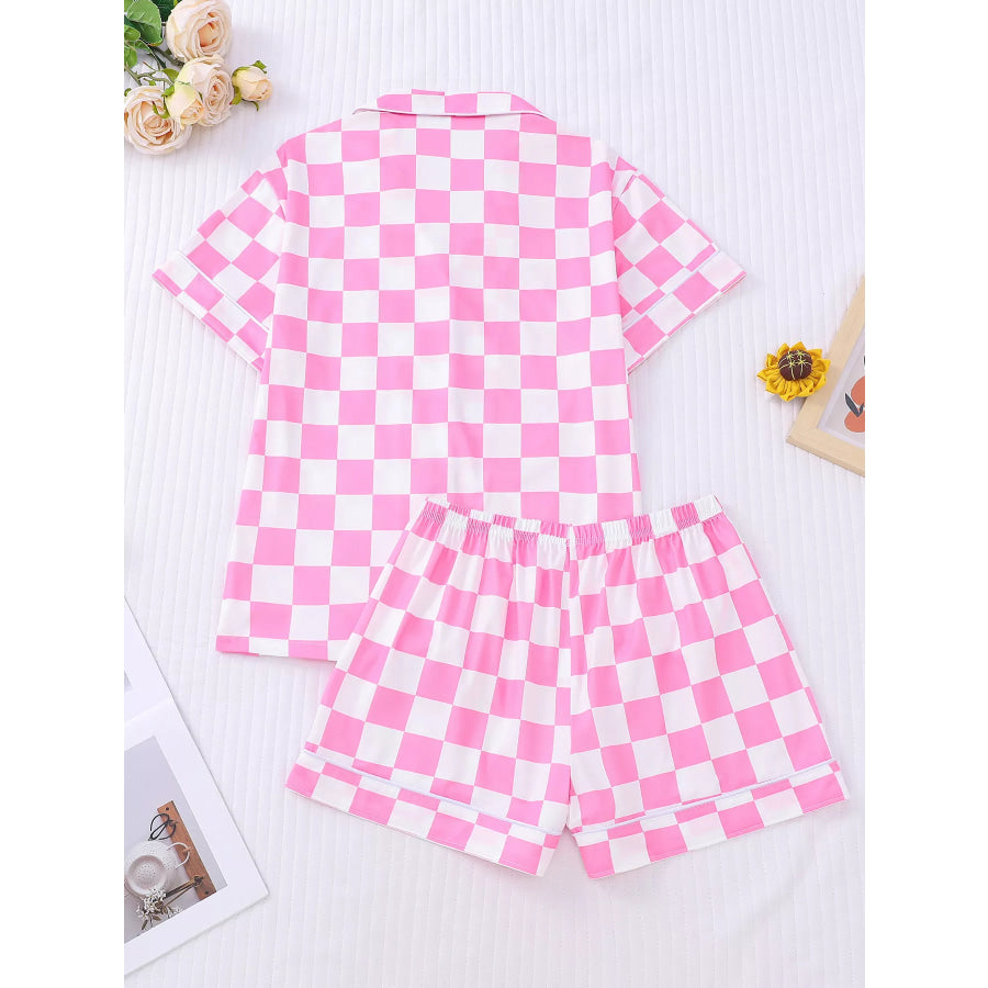 Checkered Print Button Up Top and Shorts Lounge Set Apparel and Accessories