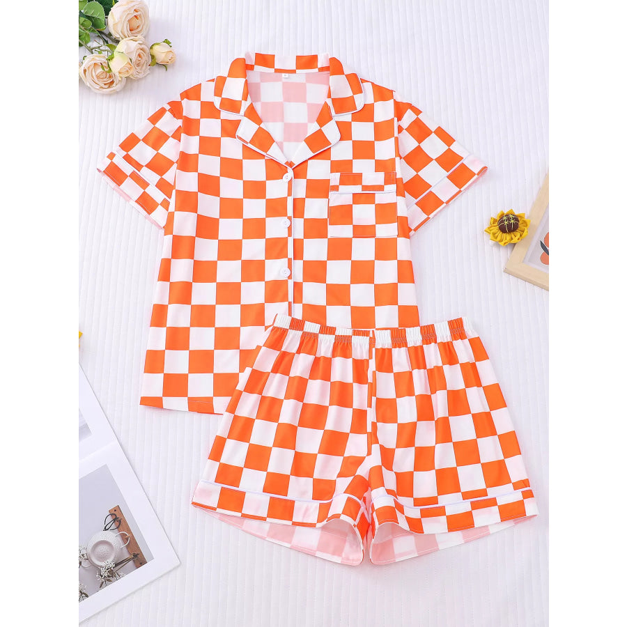 Checkered Print Button Up Top and Shorts Lounge Set Apparel and Accessories