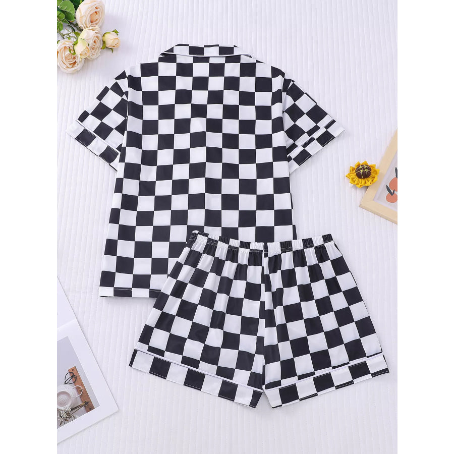 Checkered Print Button Up Top and Shorts Lounge Set Apparel and Accessories
