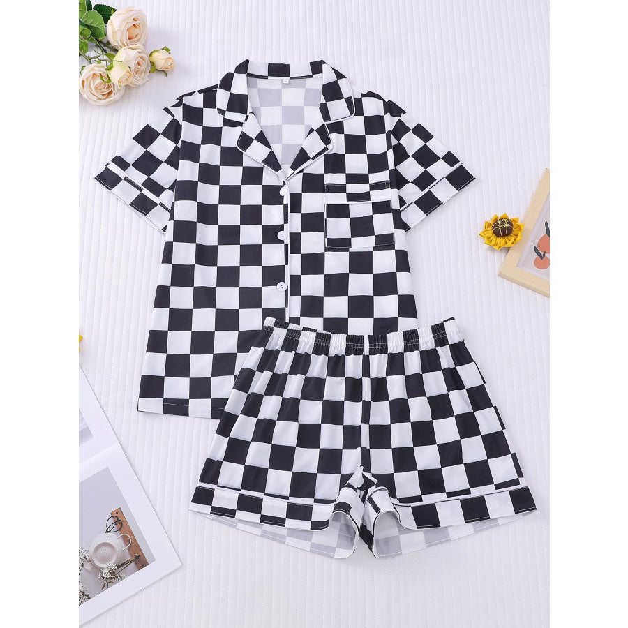 Checkered Print Button Up Top and Shorts Lounge Set Black / S Apparel and Accessories