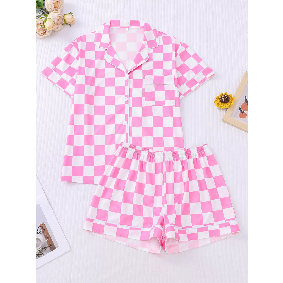 Checkered Print Button Up Top and Shorts Lounge Set Pink / S Apparel and Accessories