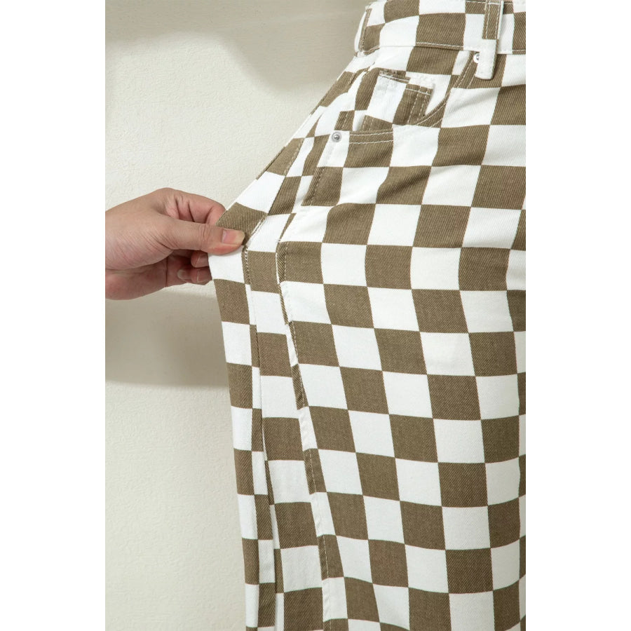 Checkered Print Denim Barrel Pants Apparel and Accessories