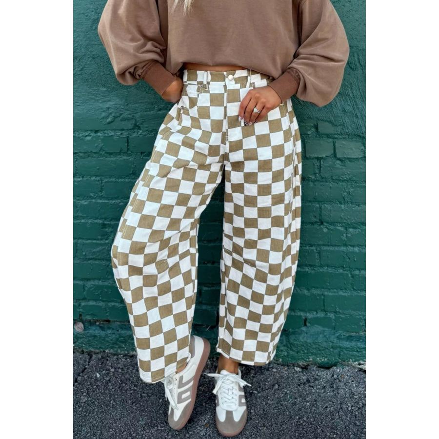 Checkered Print Denim Barrel Pants Apparel and Accessories