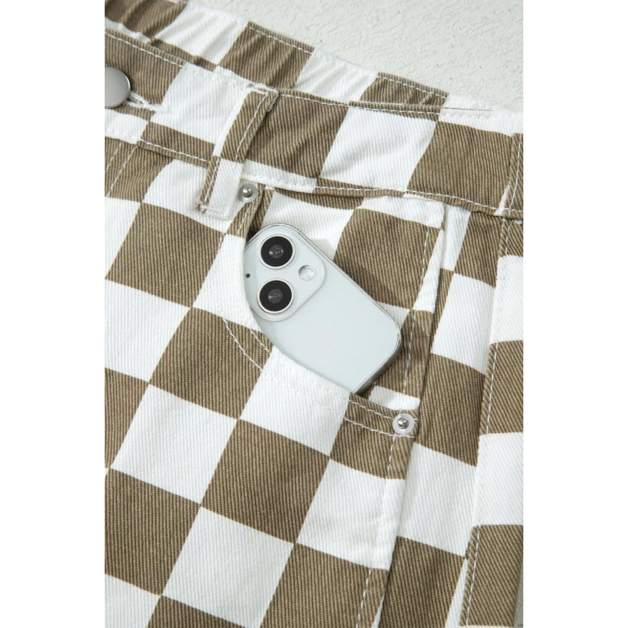 Checkered Print Denim Barrel Pants Apparel and Accessories