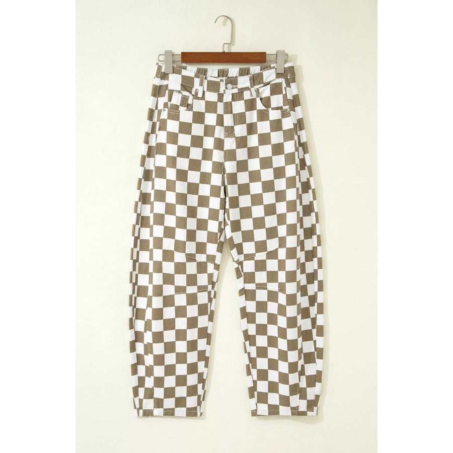 Checkered Print Denim Barrel Pants Apparel and Accessories