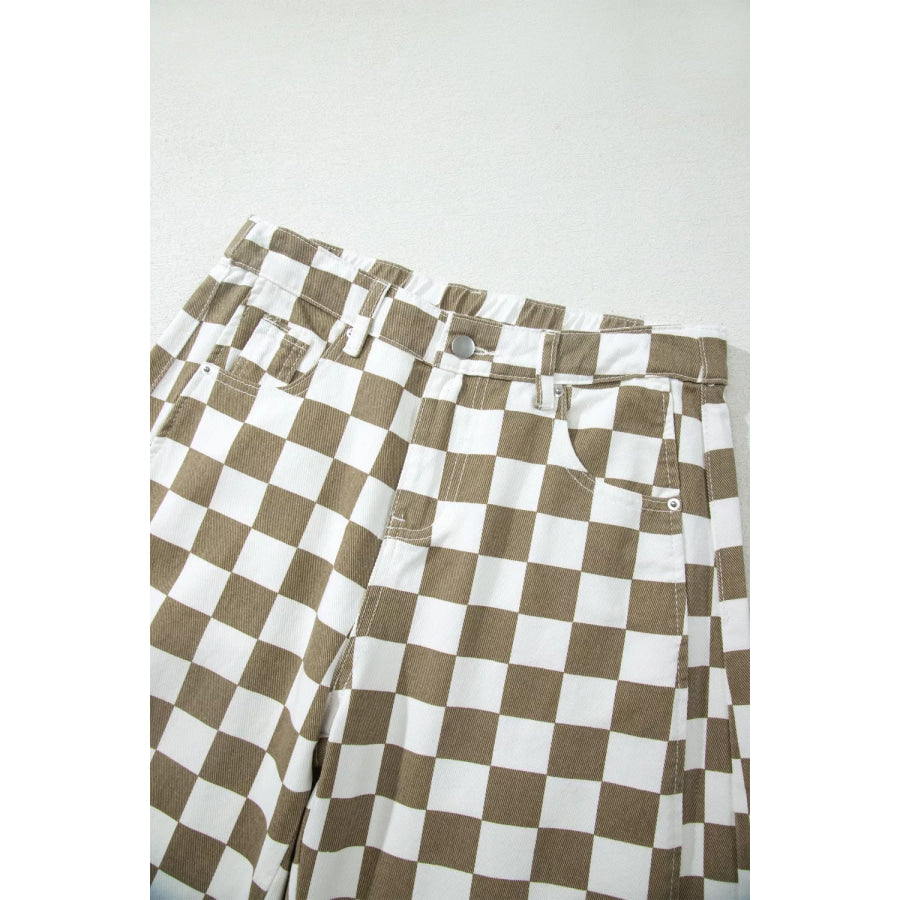 Checkered Print Denim Barrel Pants Apparel and Accessories