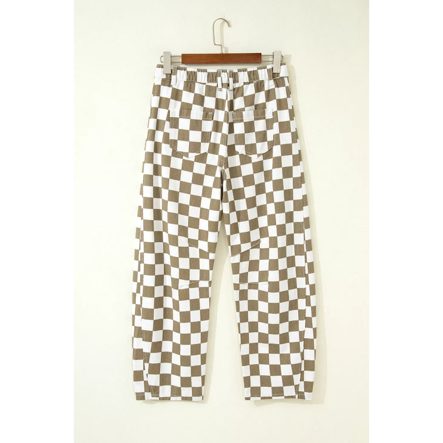 Checkered Print Denim Barrel Pants Apparel and Accessories
