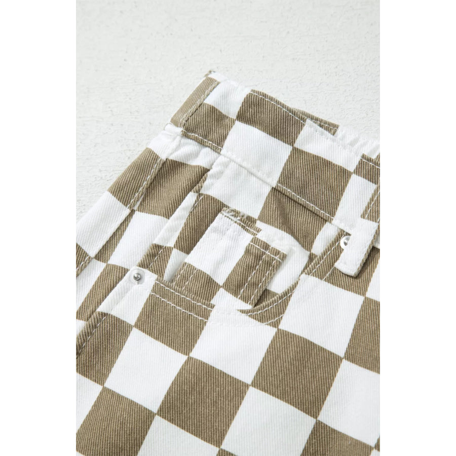 Checkered Print Denim Barrel Pants Apparel and Accessories