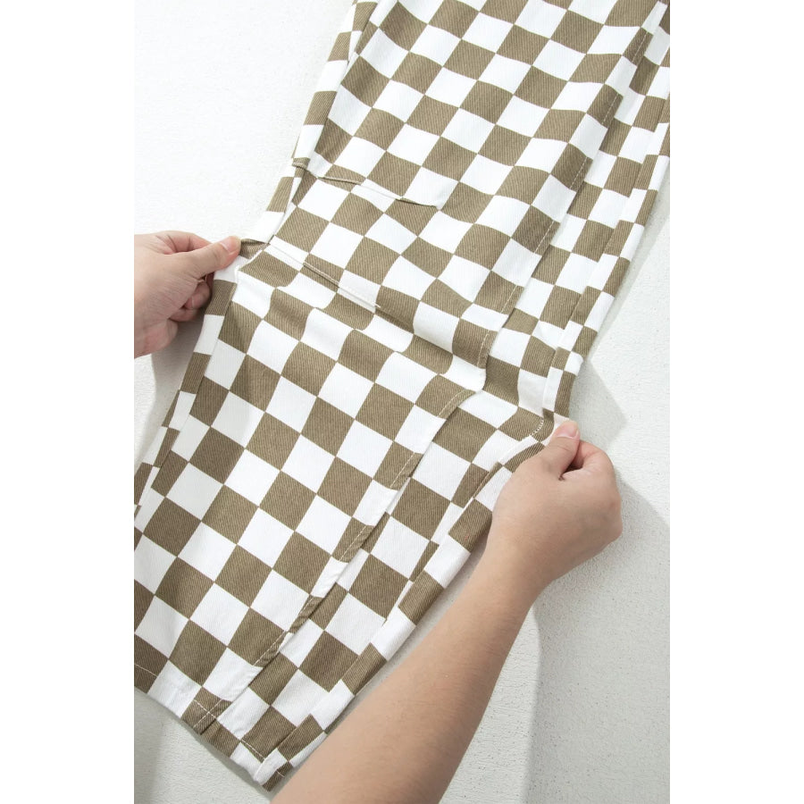 Checkered Print Denim Barrel Pants Apparel and Accessories