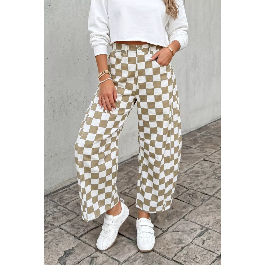 Checkered Print Denim Barrel Pants Apparel and Accessories
