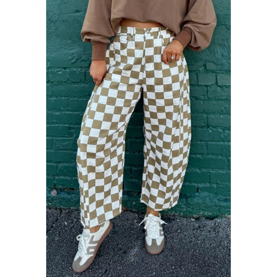 Checkered Print Denim Barrel Pants Apparel and Accessories