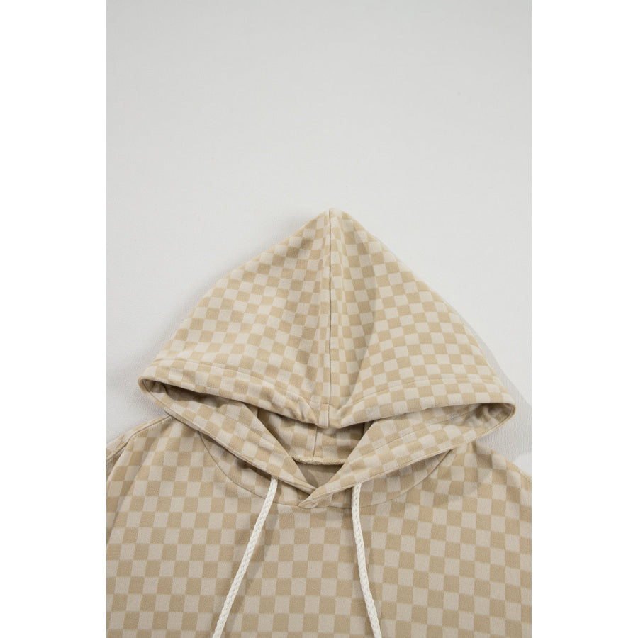 Checkered Print Kangaroo Pocket Drawstring Hoodie Apparel and Accessories