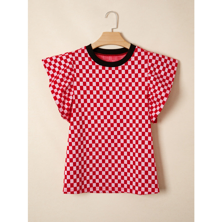 Checkered Print Ruffle Cap Sleeve Contrast Trim Round Neck Top Apparel and Accessories
