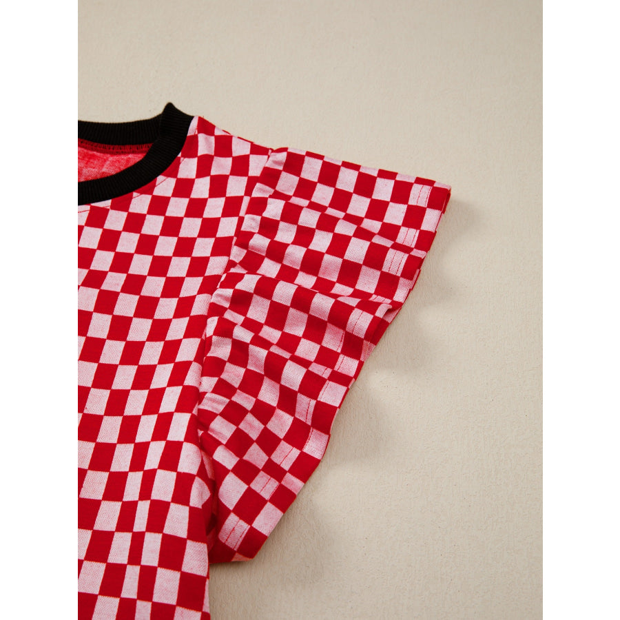Checkered Print Ruffle Cap Sleeve Contrast Trim Round Neck Top Apparel and Accessories