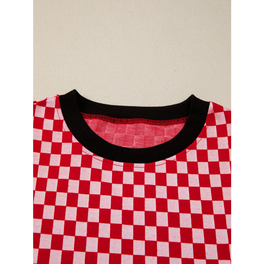 Checkered Print Ruffle Cap Sleeve Contrast Trim Round Neck Top Apparel and Accessories